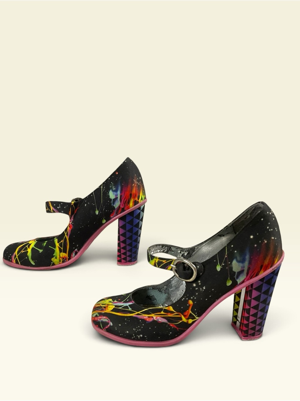 Hot Chocolate Design Bold Black Multicolor Paint-Splash Mary Jane Women's Sz 6.5